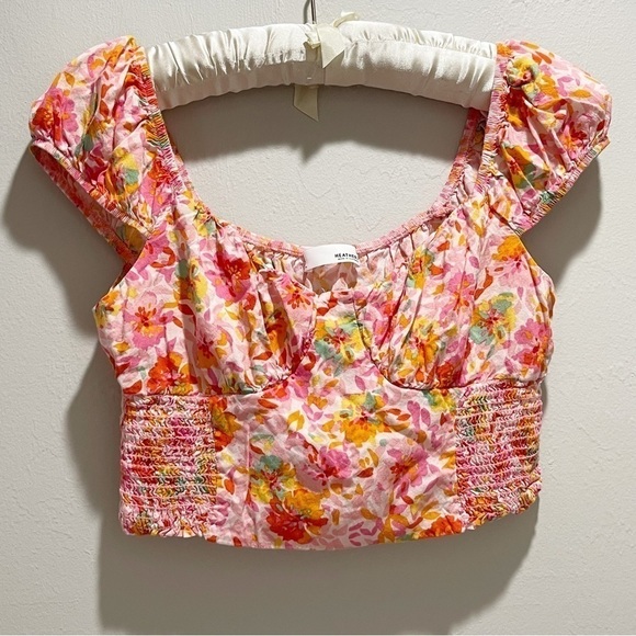 HEATHERLY Women’s Floral Cap Sleeve Crop Top Orange Pink Smocked Back Stretch MP - Picture 2 of 5